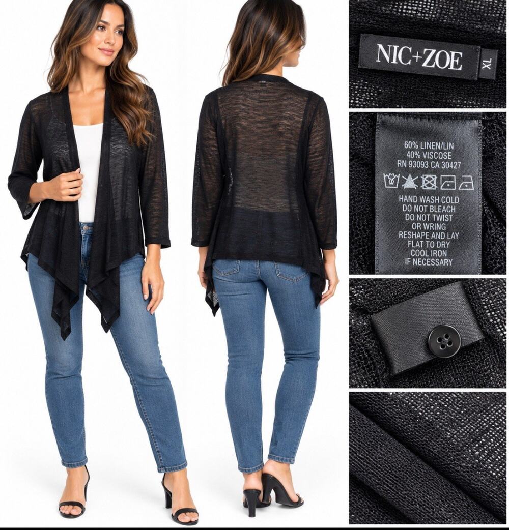Minimalist Nic+Zoe Women's Open Front Waterfall Cardigan Size XL Black Linen